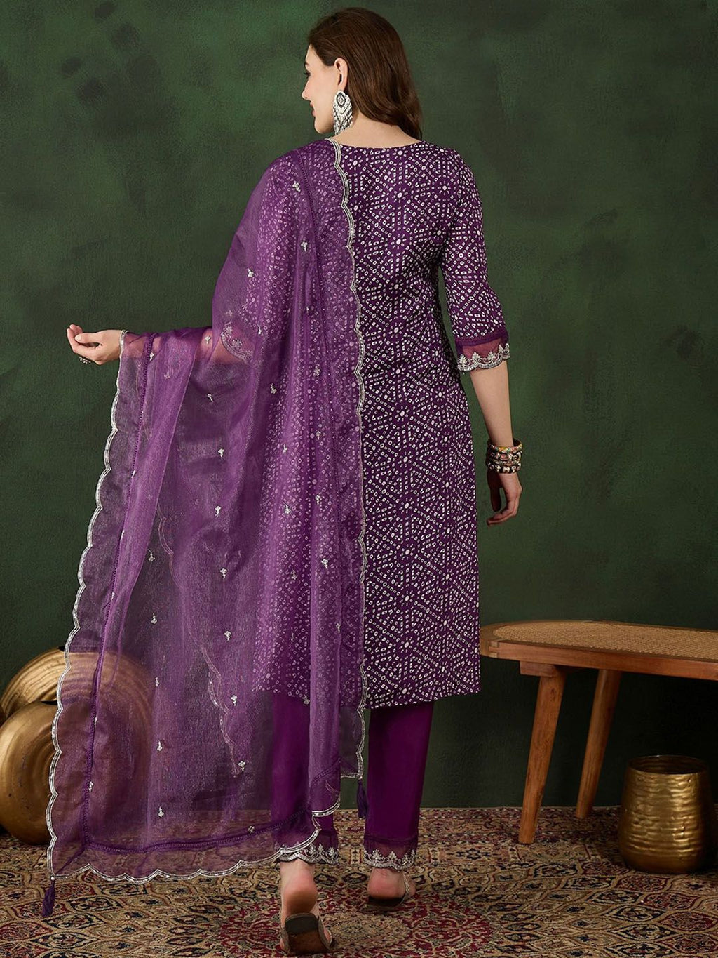 Sangria Bandhani Printed Straight Kurta, Trouser & Dupatta Set