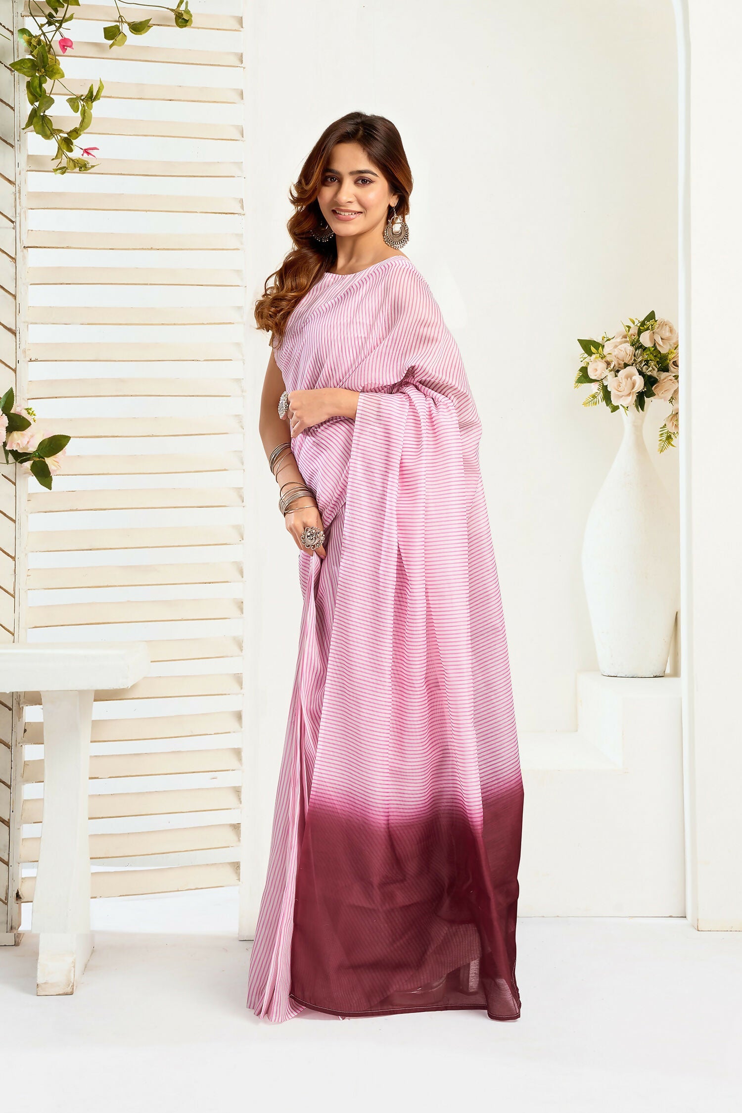 Joban Fashion Light Pink  Striped Linen Ready To Wear Saree With Unstitched Blouse - Distacart
