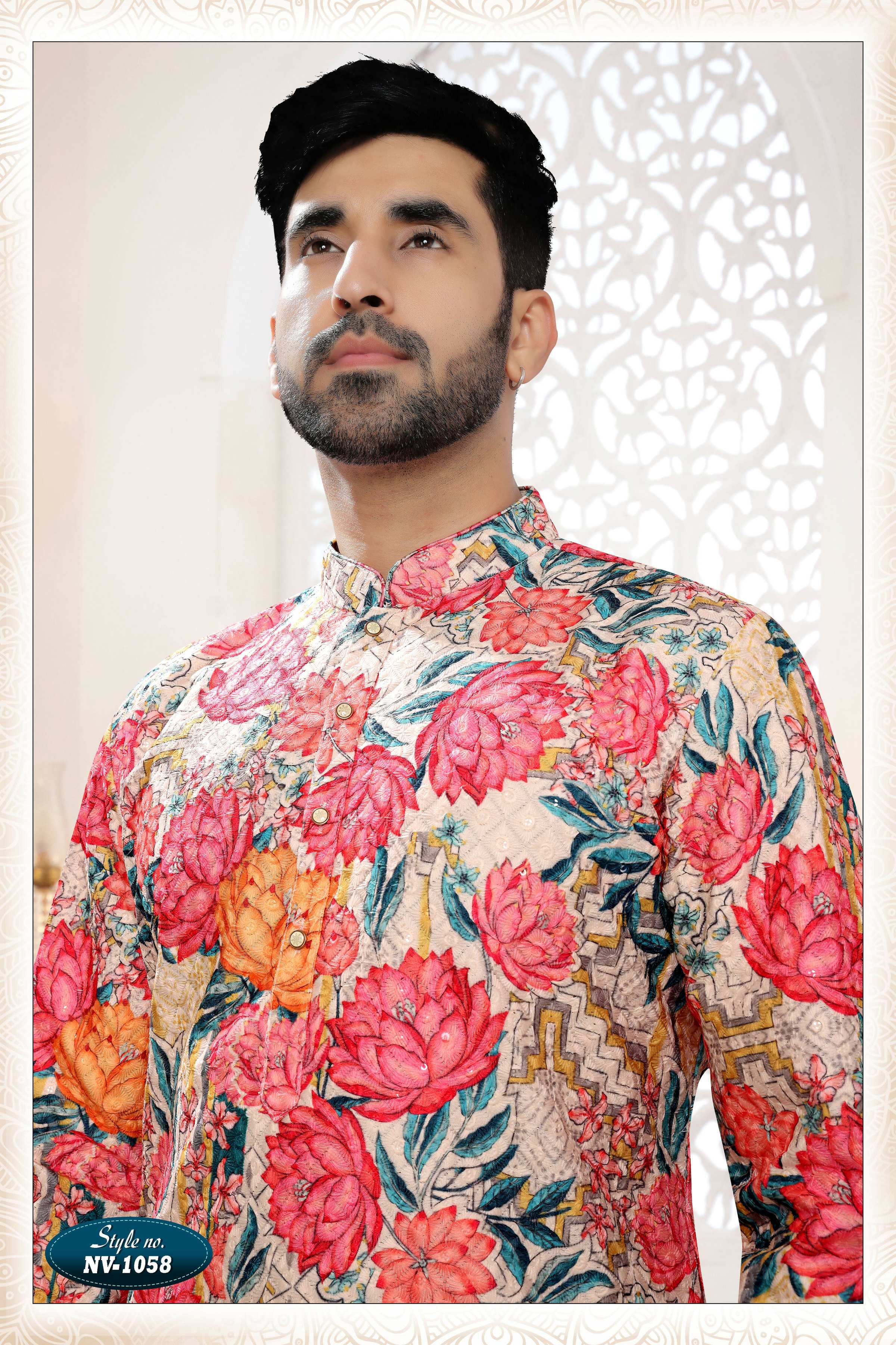 Joban Fashion Men's Cream Base Straight Silk Thread And Sequence Embroidery All Over Kurta Set