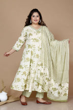 Miravan Women's Plus Size Green Printed Anarkali Kurta With Palazzo And Dupatta