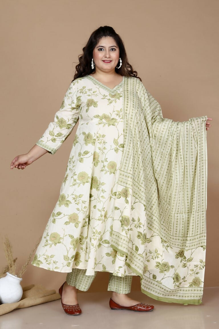 Miravan Women's Plus Size Green Printed Anarkali Kurta With Palazzo And Dupatta