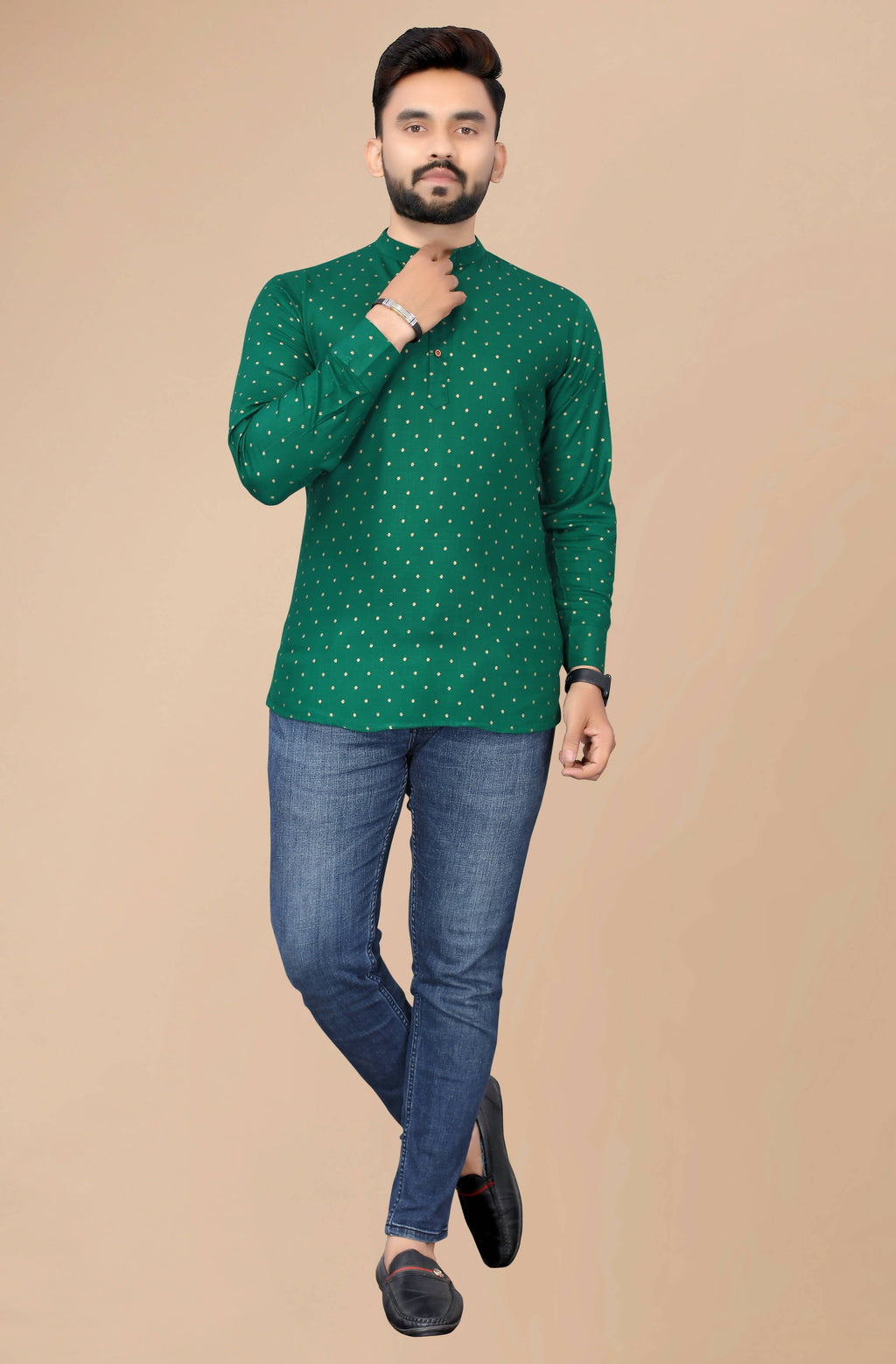 Mens Green Viscose Foil Print Kurta - Mahotsav