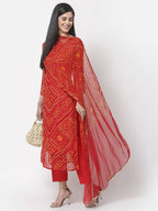 Myshka Women Red Georgette Printed 3/4 Sleeve Round Neck Kurta Pant Dupatta Set
