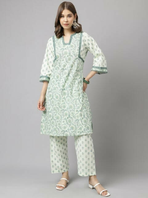 FIORRA Women's Sea Green Cotton A-Line Kurta Set