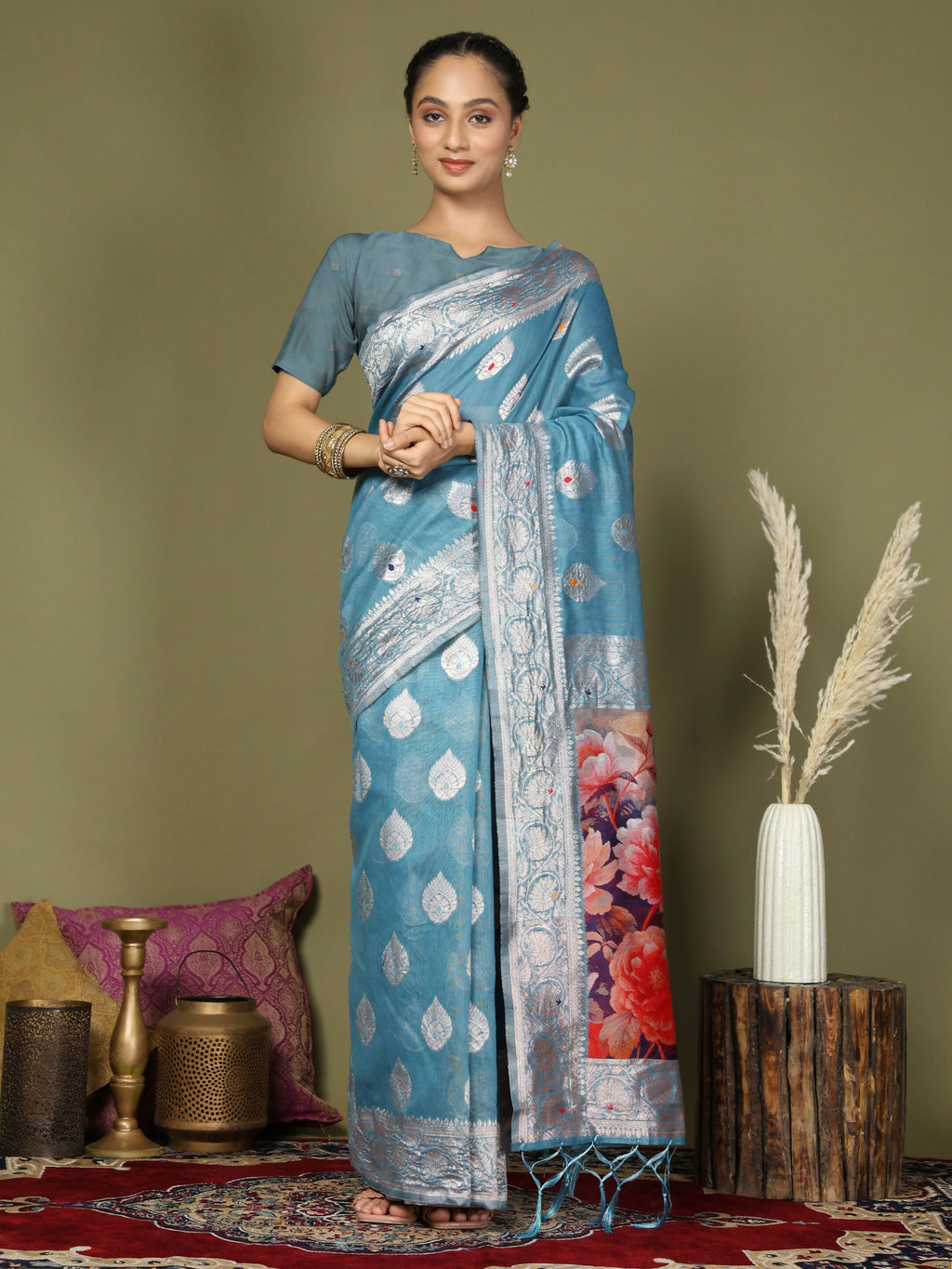 Shree Shyam Fashion Linen Cotton Sky Blue Saree - Distacart