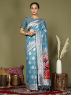 Shree Shyam Fashion Linen Cotton Sky Blue Saree - Distacart