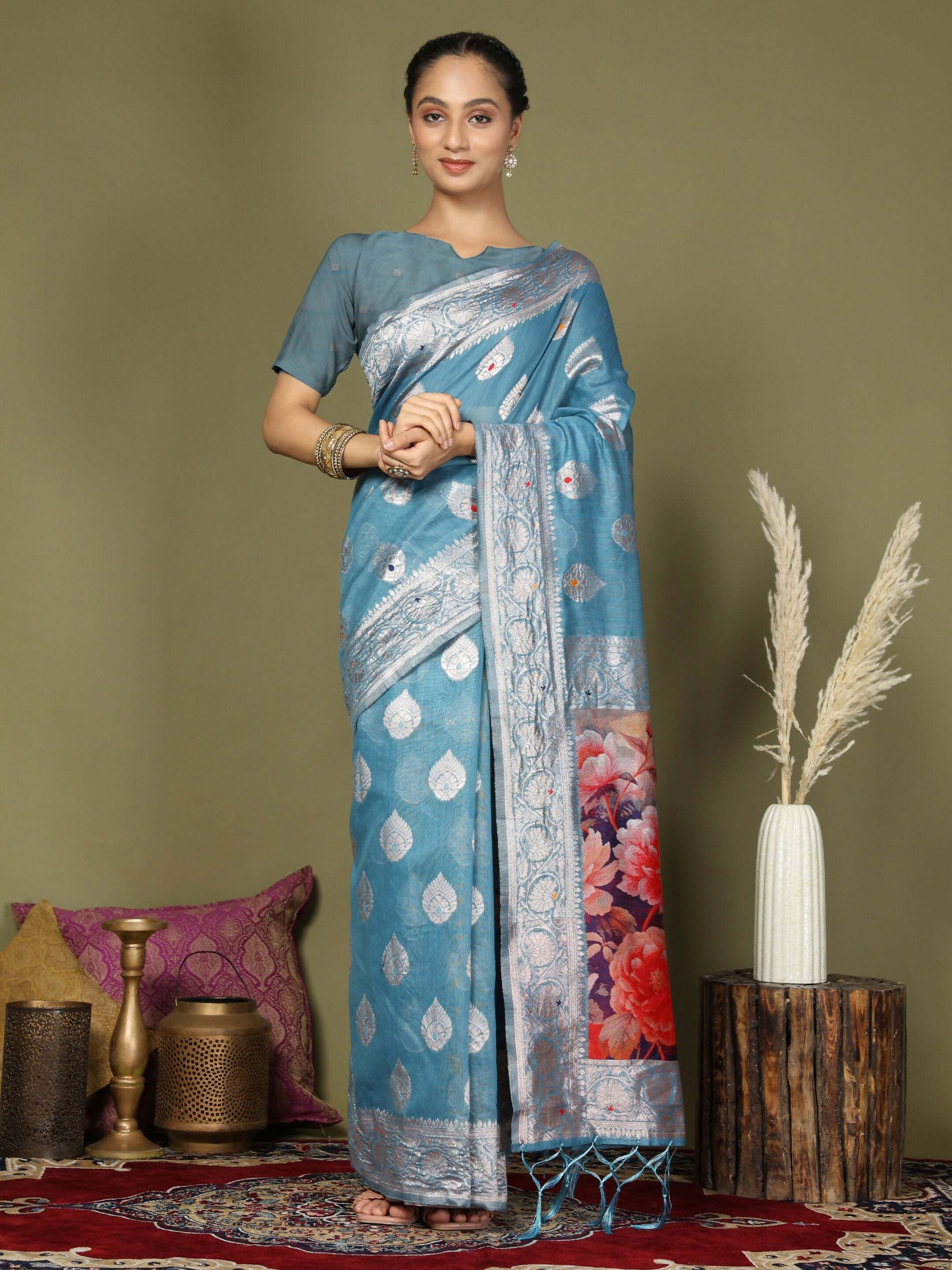 Shree Shyam Fashion Linen Cotton Sky Blue Saree - Distacart