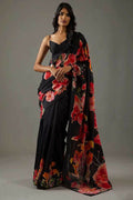 Black Bright Moss Designer Digital Printed Party Wear Saree - Be Verly