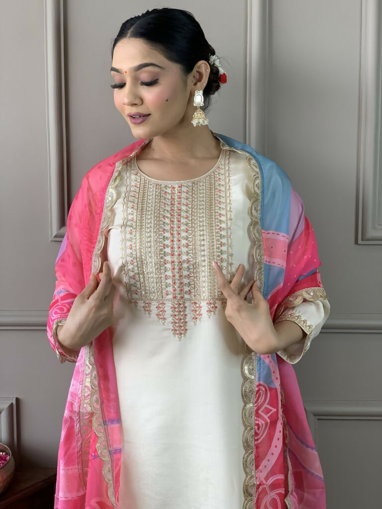 White Viscose Chanderi Stitched Suit With Dupatta - Tanisha