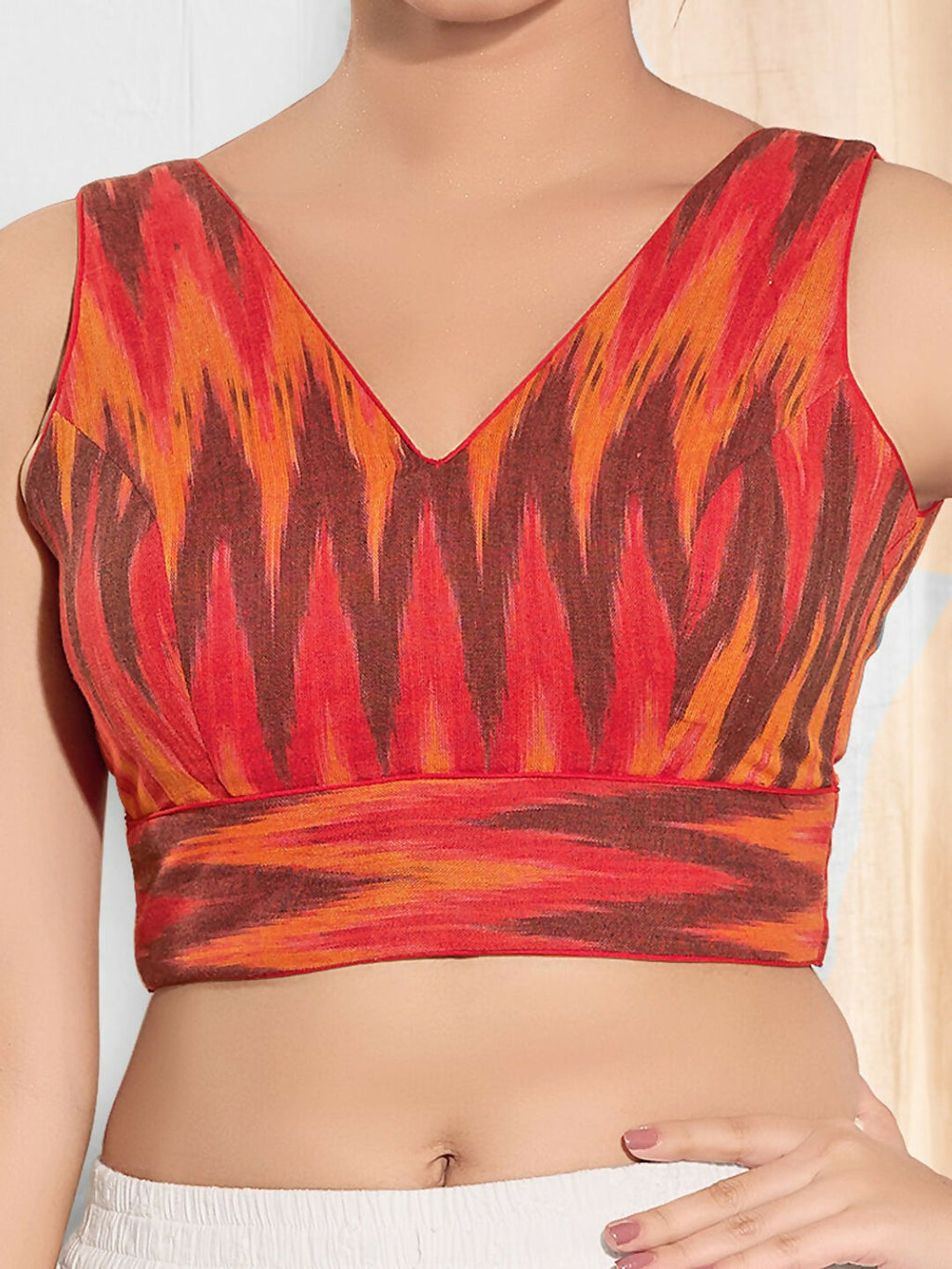 Joban Fashion Red Ikat Silk Padded Blouse With V Neck Sleeveless - Distacart