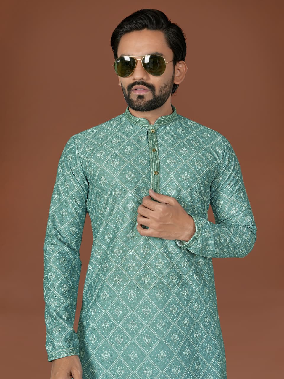 Anaita Sea Green Lucknowi Silk Straight Kurta