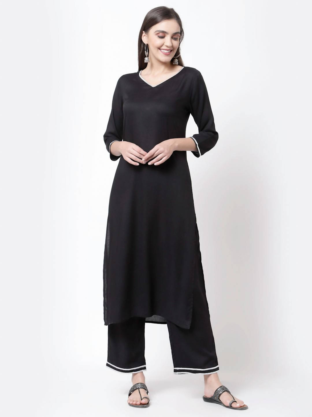 Myshka Black Cotton Half Sleeve V Neck Solid Casual Kurta Pant Dupatta Set