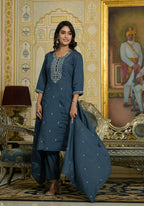 Juniper Women's Grey Thread & Zari Embroidered Viscose Kurta Pant And Dupatta Set