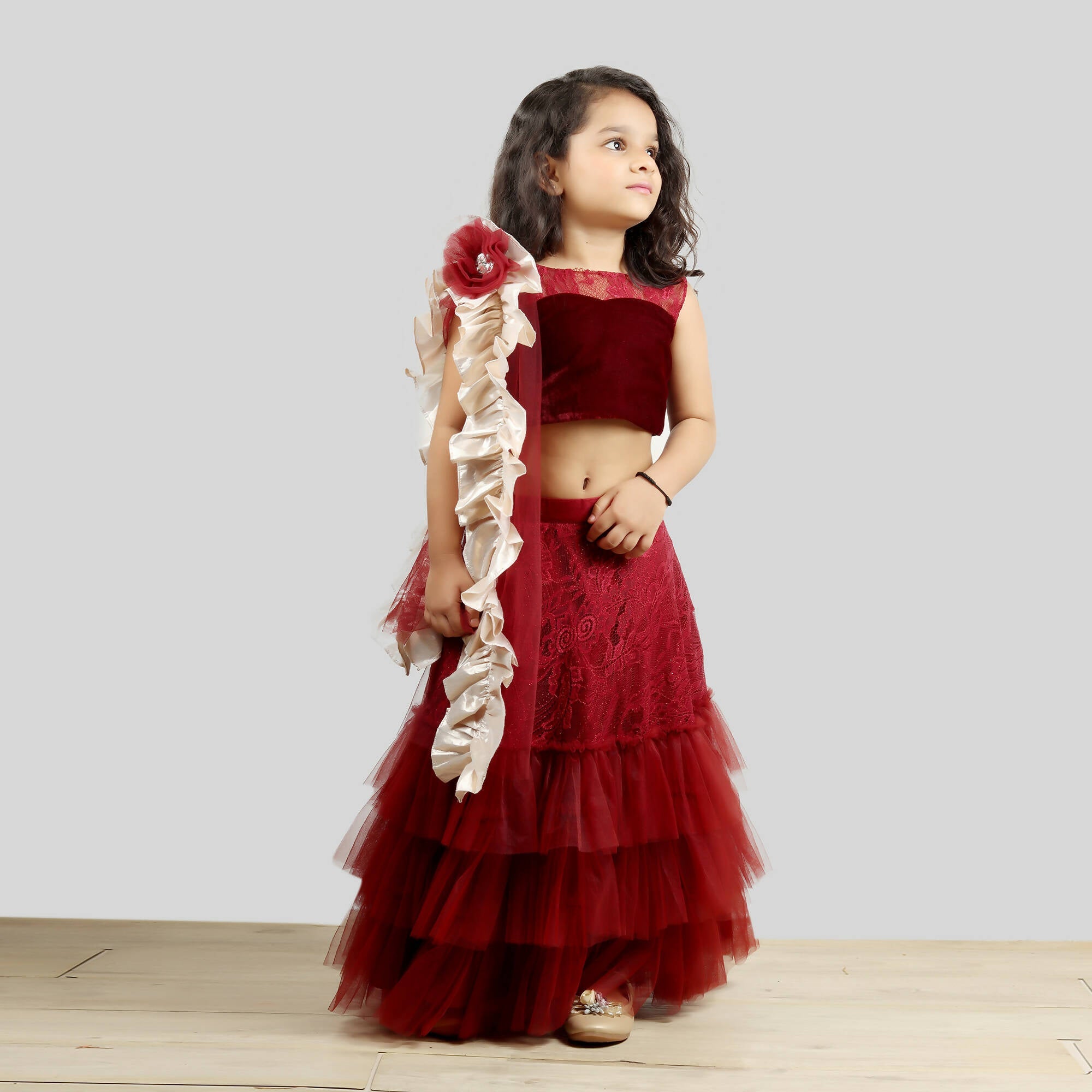 Pink Cow Fashions Velvet Choli With Net Ghagra & Frill Dupatta