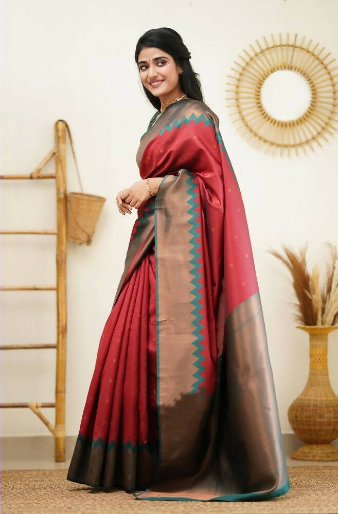 DEIANA'S Beautiful Designer Golden zari Soft Lichi Silk Saree - Maroon