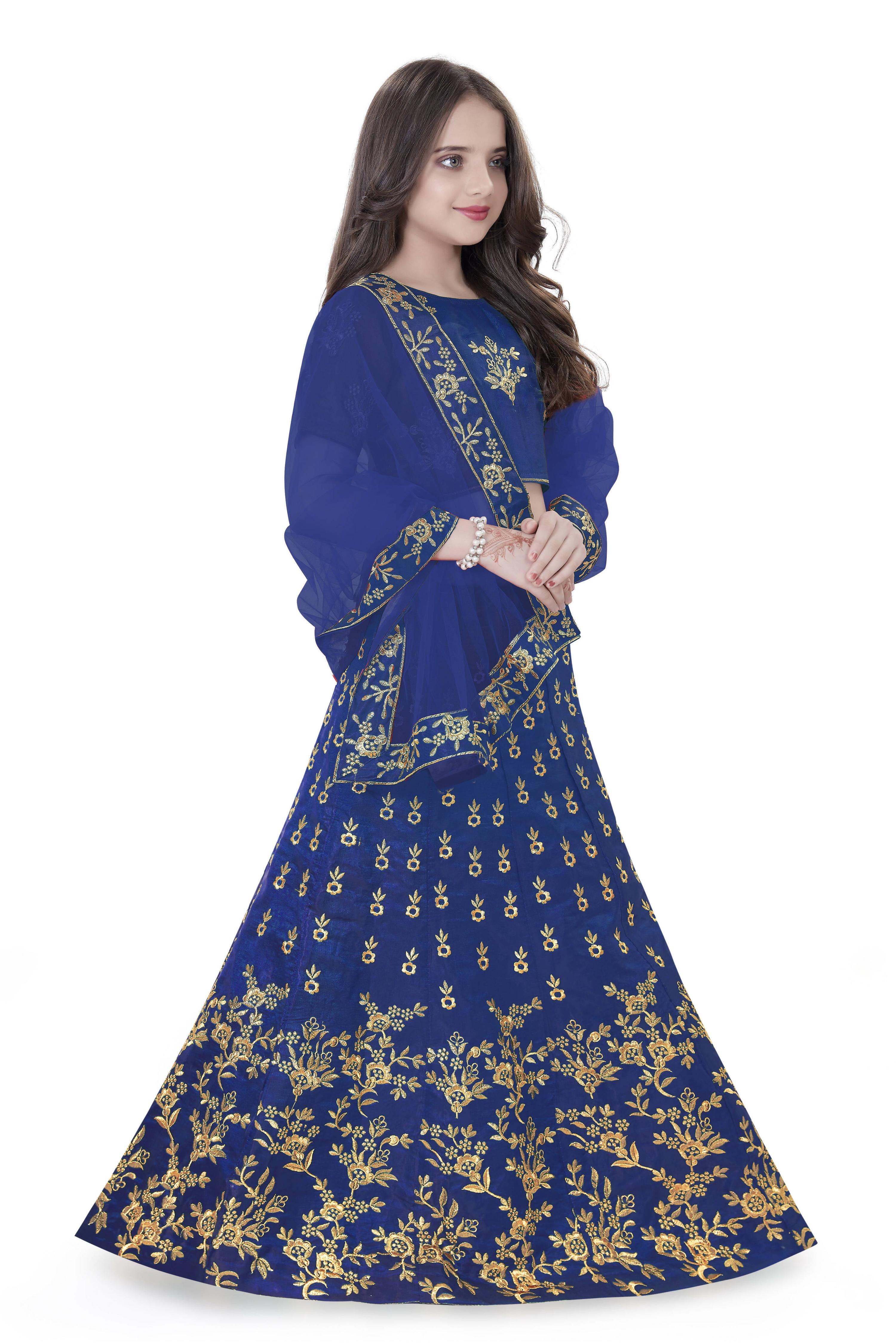 Dwiden Royal Blue Baby Doll Tafetta Sattin Semi-Stitched Girl's Lehenga Choli