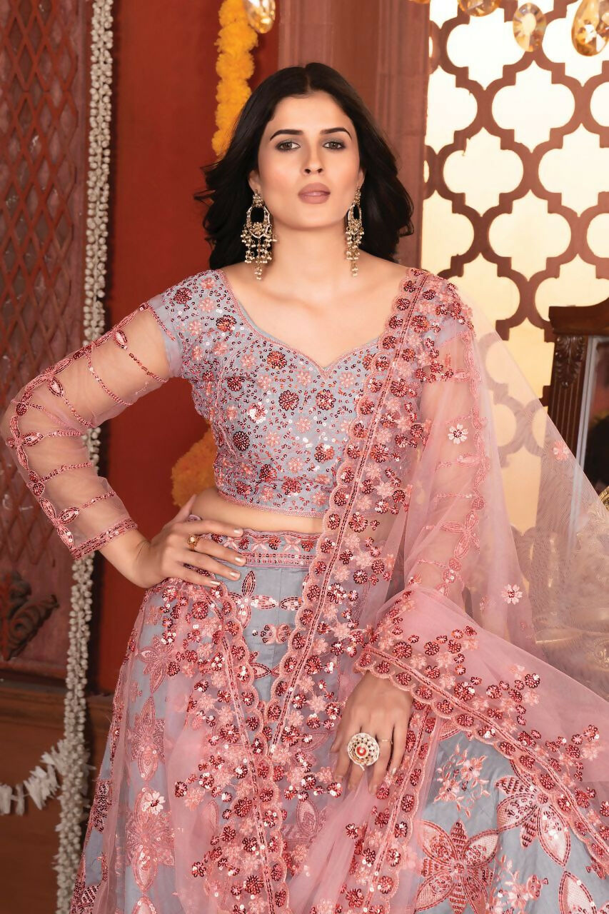 Eilara Grey And Peach Mulberry Silk Lehenga With Thread Sequins Embroidery Work
