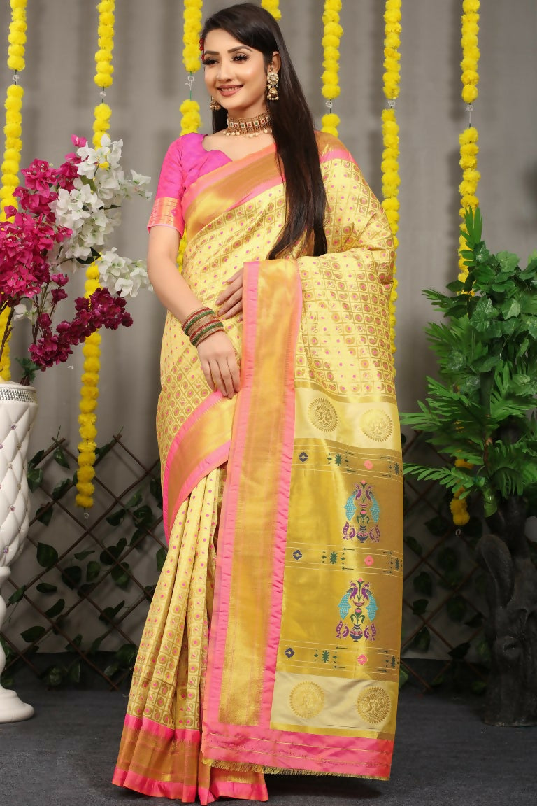 Jyoti Fashion Women's Cream Banarasi Silk Zari Woven Saree with Blouse