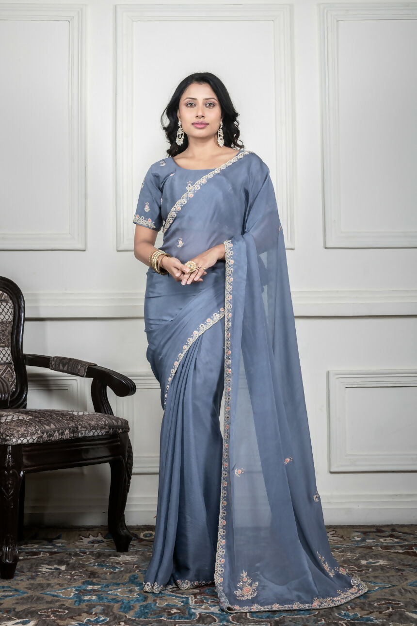 Morchari Grey Chiffon Hand Embroidery Saree And Stitched Blouse - Distacart