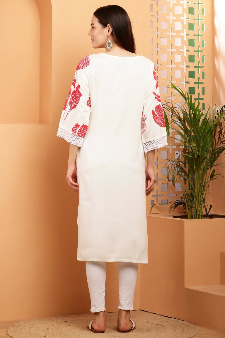 Cheera Women Stylish Hand Block Printed Cotton Blend Flared Kurta - Off White