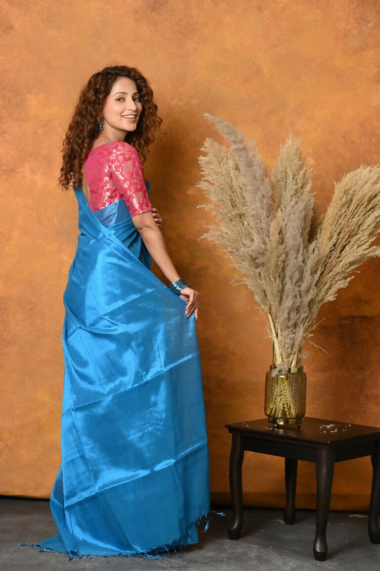 Very Much Indian Fusion Cotton Tissue Shimmer Saree - Light Blue - Distacart