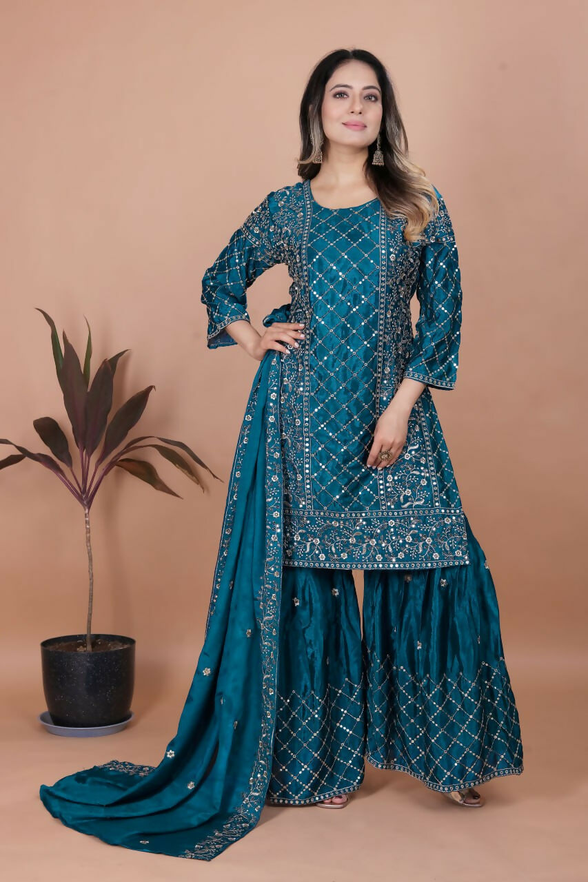 Teeya Creation Teal Color Chinon Silk Embroidery Work Sharara Set - Distacart