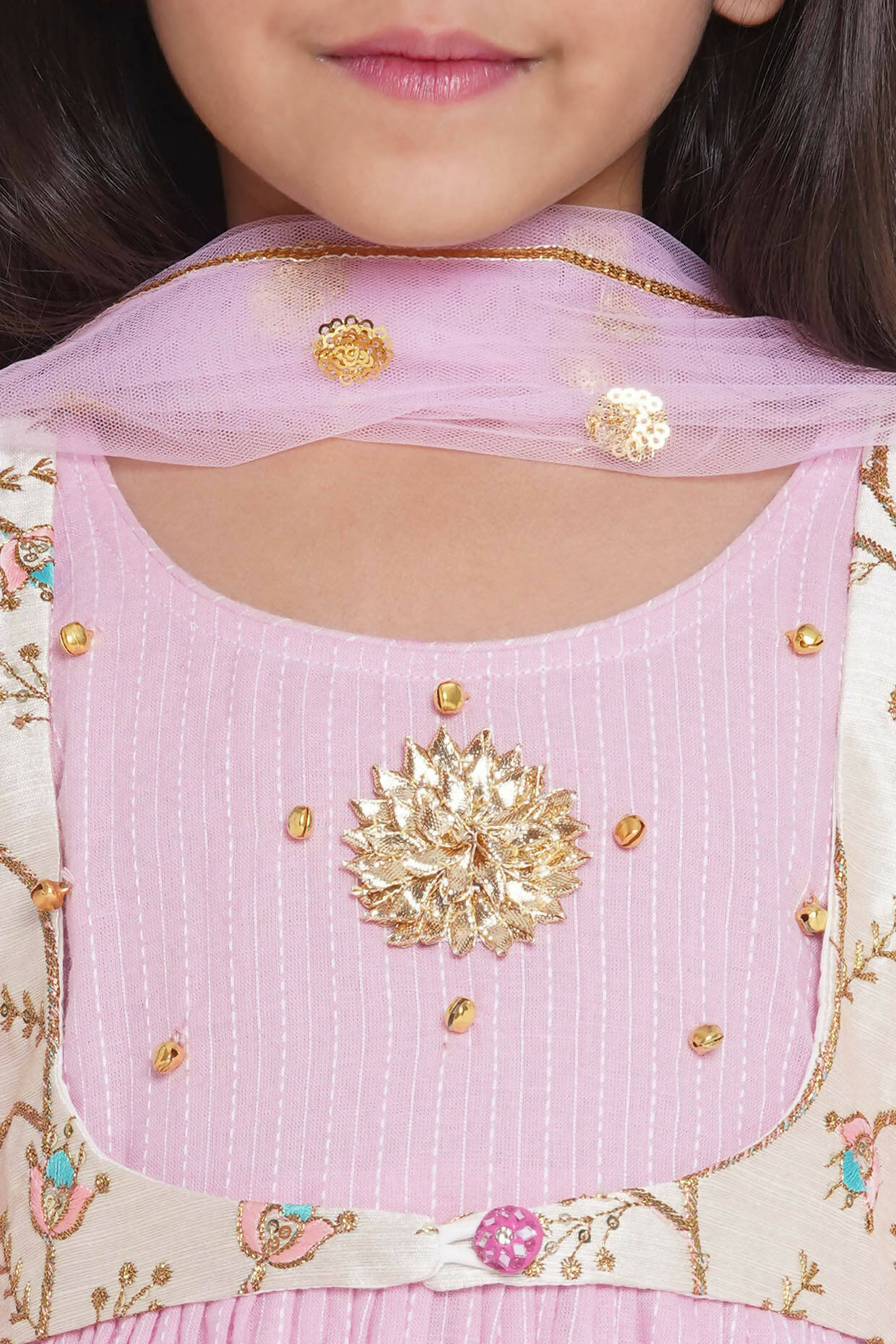 Little Bansi Floral Embroidery Jacket With Cotton Kantha Frock Sharara And Dupatta With Ghungroo Handwork - Pink