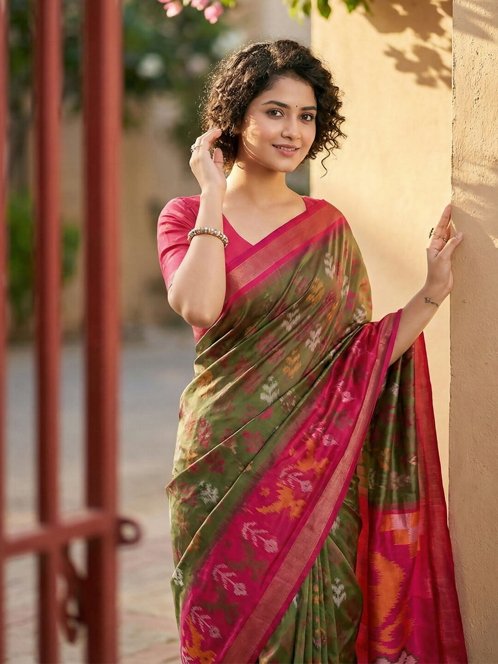 Shree Shyam Fashion Olive Green Pochampally Silk Saree - Distacart