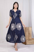 Miravan Women's Blue Floral Printed Front Buttoned A-Line Maxi Dress