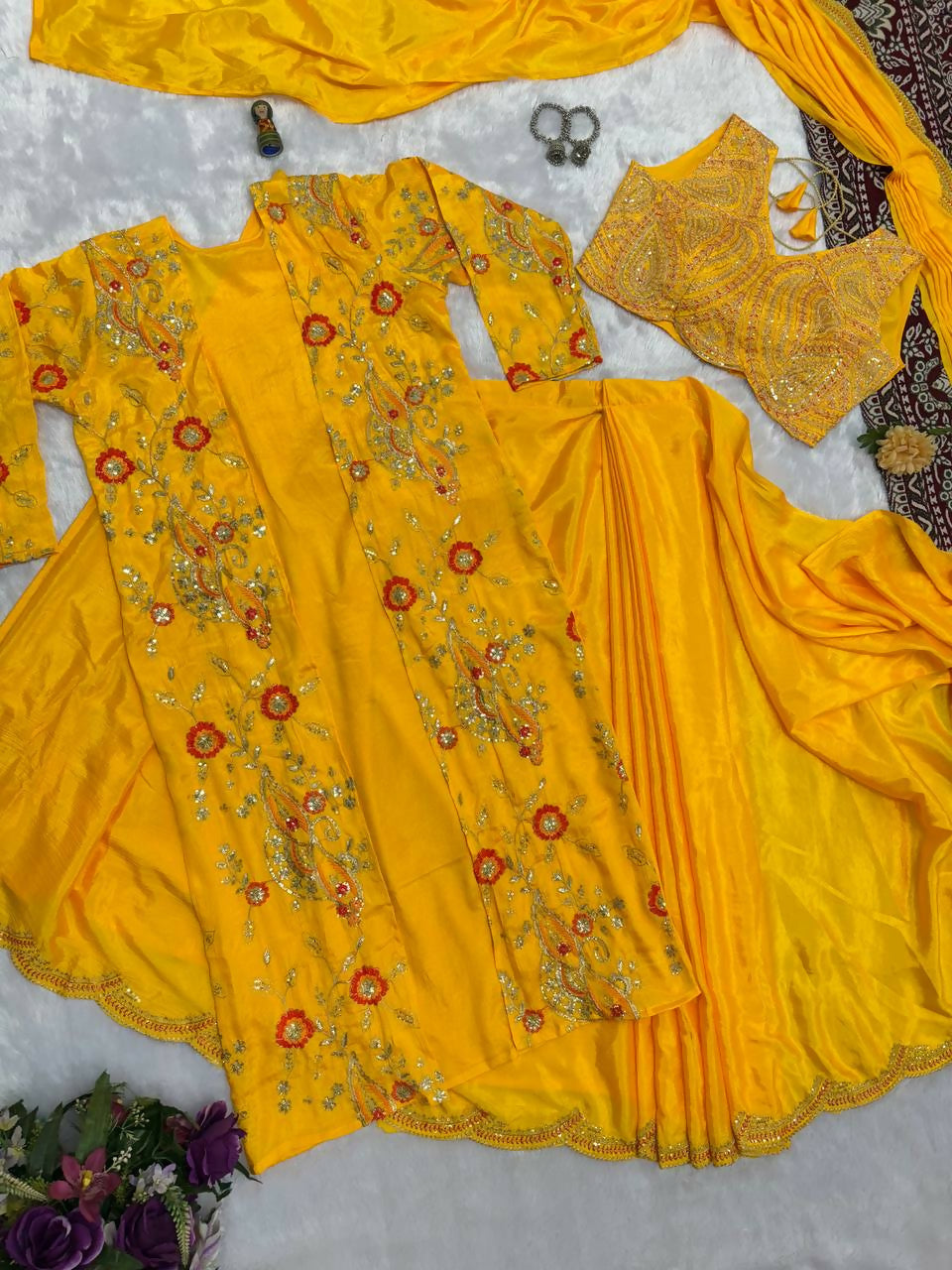 Teeya Creation Yellow Color Chinon Silk Designer Embroidery Work Ready To Wear Saree With Koti - Distacart