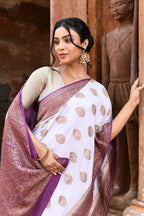 Joban Fashion Light Purple Crepe Chiffon Pure Handloom Banarasi Silk Saree