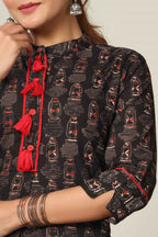 Miravan Women's Black Printed Pure Cotton Kurta With Skirt