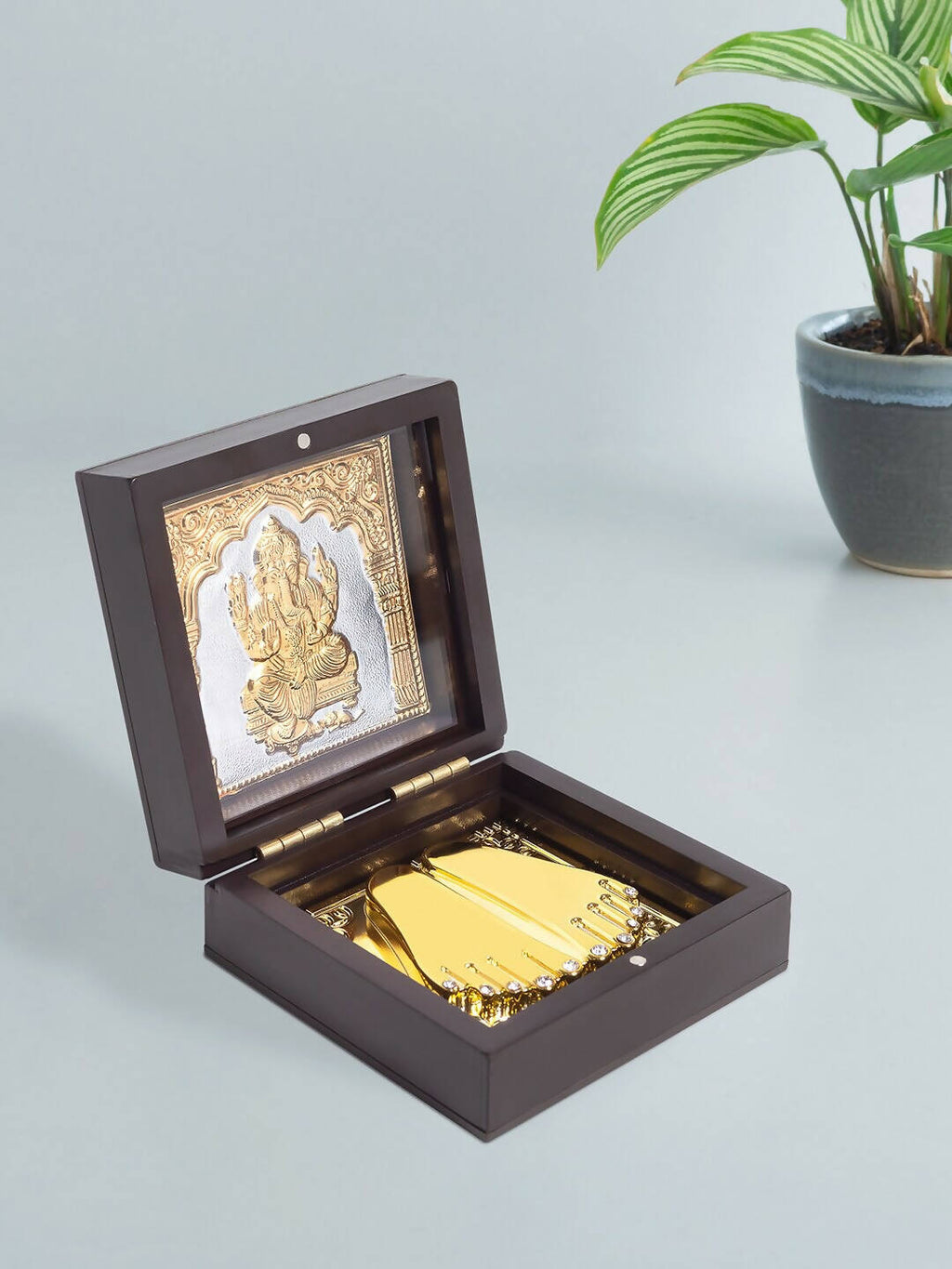Golden Peacock Brown Wooden Ganesha Prayer Box
