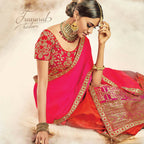 Orange, Pink Taffeta Silk, Raw Silk Gota Embroidery Semi-Stitched Lehenga Saree - Mohmanthan Dezzy