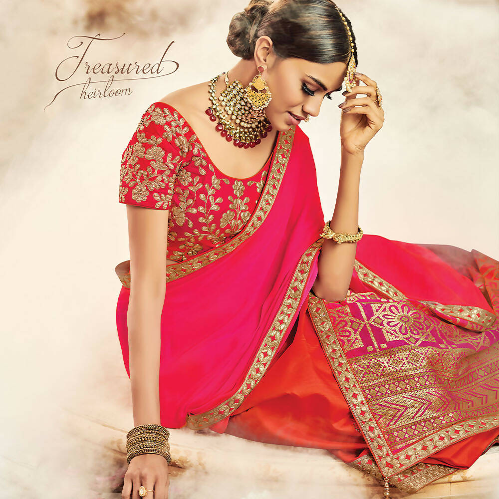 Orange, Pink Taffeta Silk, Raw Silk Gota Embroidery Semi-Stitched Lehenga Saree - Mohmanthan Dezzy