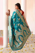 Joban Fashion Teal Green Banarasi Soft Pure Handloom Banarasi Silk Saree