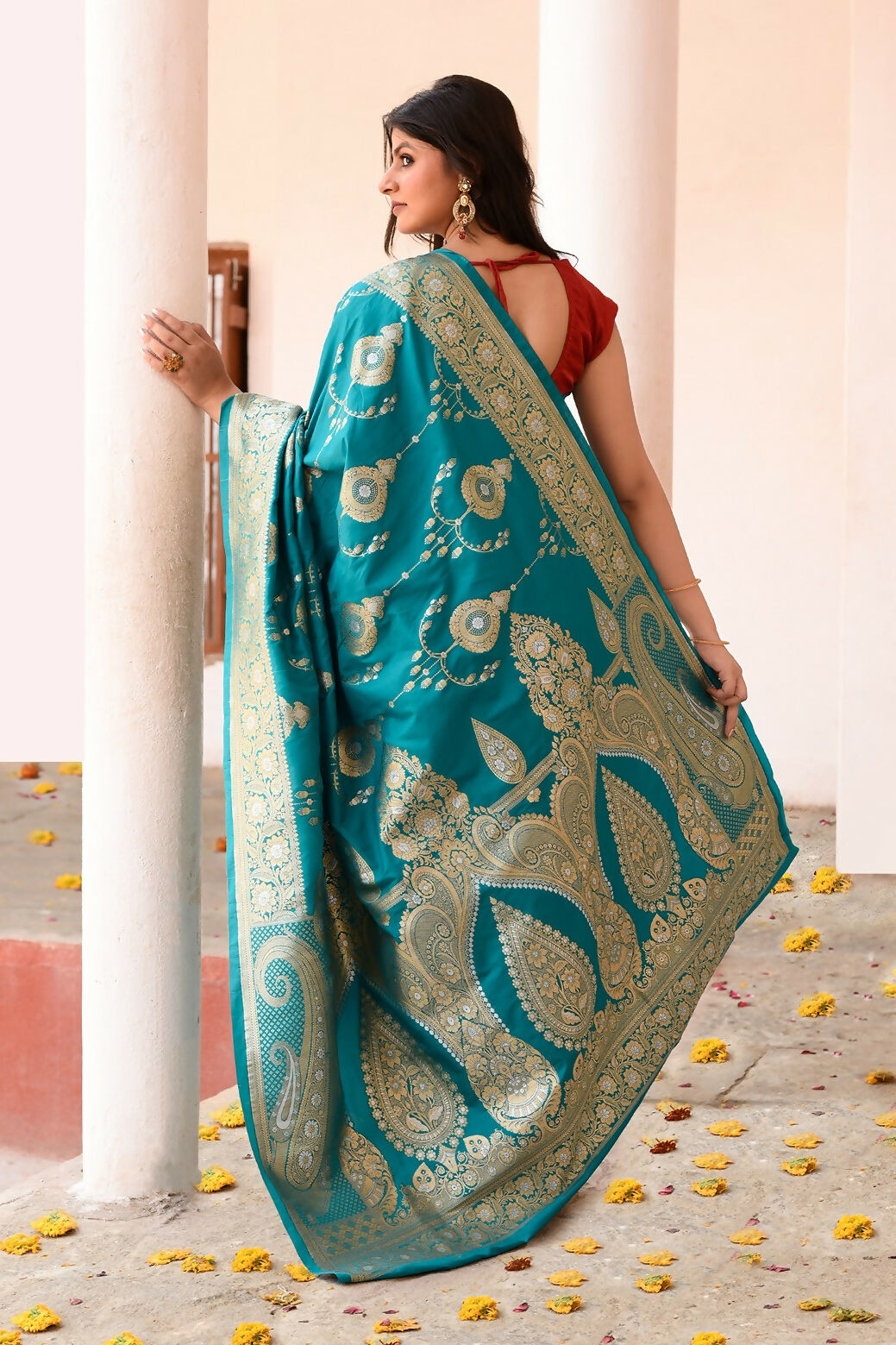 Joban Fashion Teal Green Banarasi Soft Pure Handloom Banarasi Silk Saree