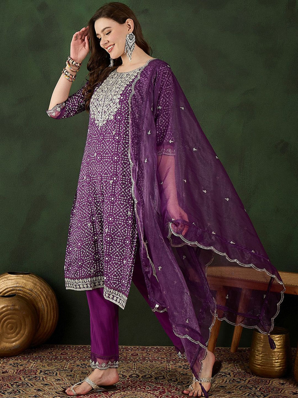 Sangria Bandhani Printed Straight Kurta, Trouser & Dupatta Set
