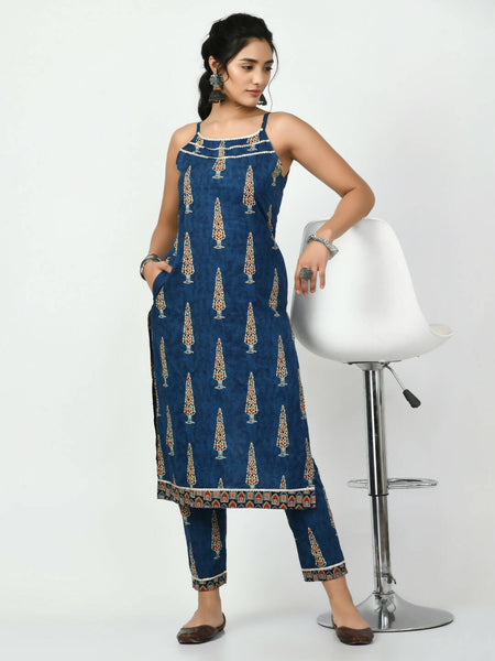 Myshka Women's Blue Printed Kurta With Trouser