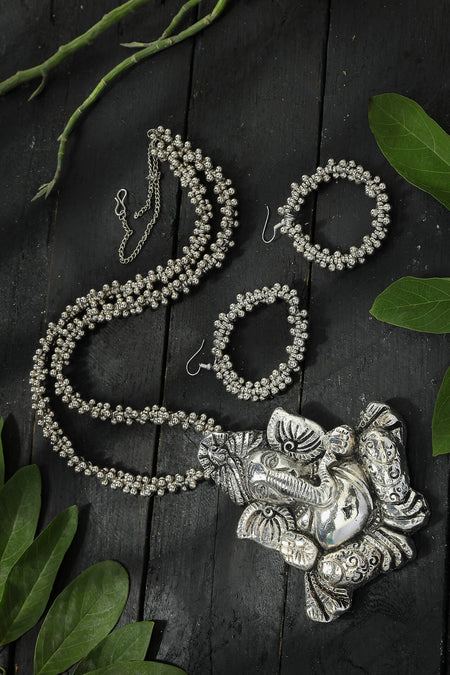 Mominos Fashion Johar Kamal Silver-Plated Brass Finish Ganesha Long Neckalce For Women