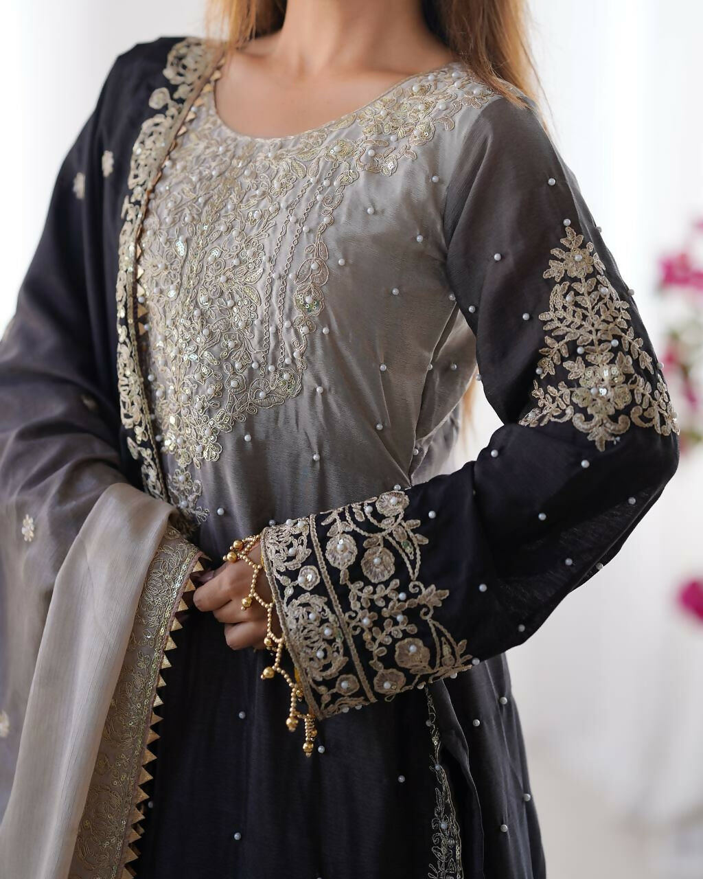 The52 Women's Beautiful Chinon silk Fabric Embroidery Work Straight Kurta Palazzo and Dupatta Set - Distacart