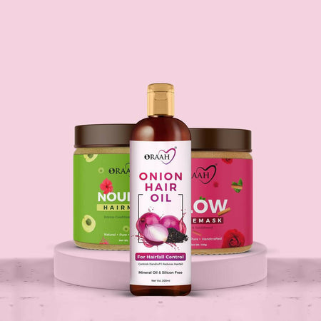 Oraah Beauty Care Combo (Onion Hair oil + Hair Mask + Glow Face Mask)