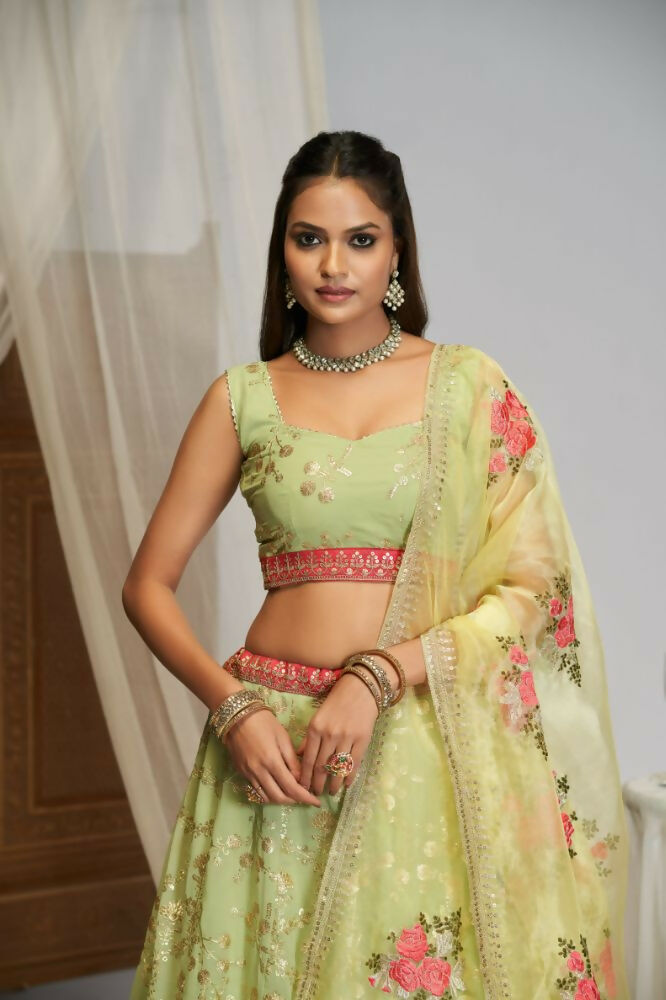 Pista Green Floral Georgette Sequence Work Lehenga Choli - Jihu Culture