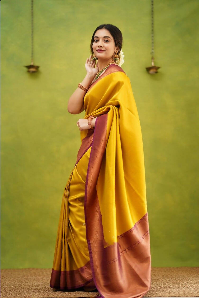 DEIANA'S Beautiful Designer Golden zari Soft Lichi Silk Saree - Yellow