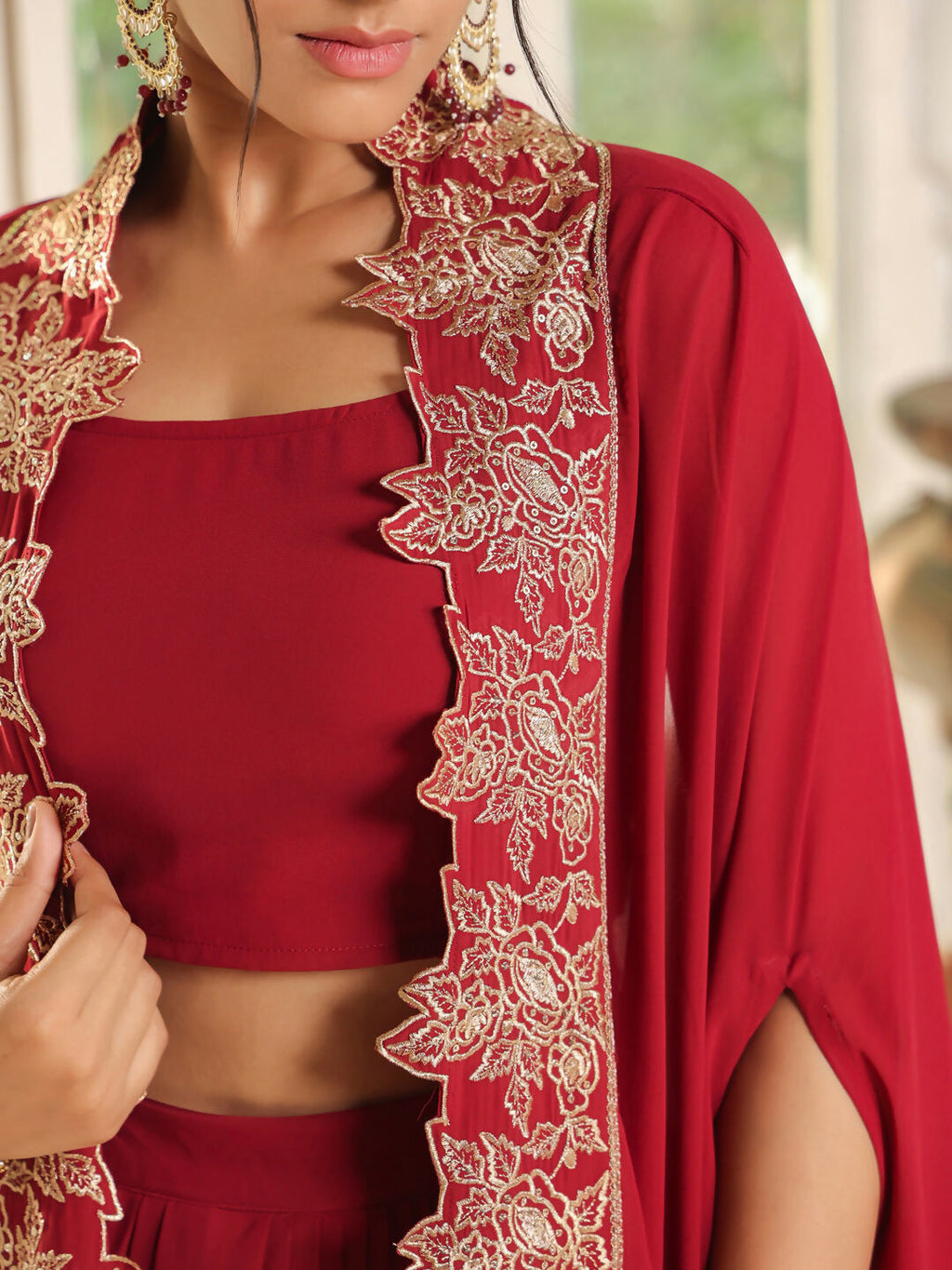 Janasya Maroon Georgette Solid Top Bottom Cape