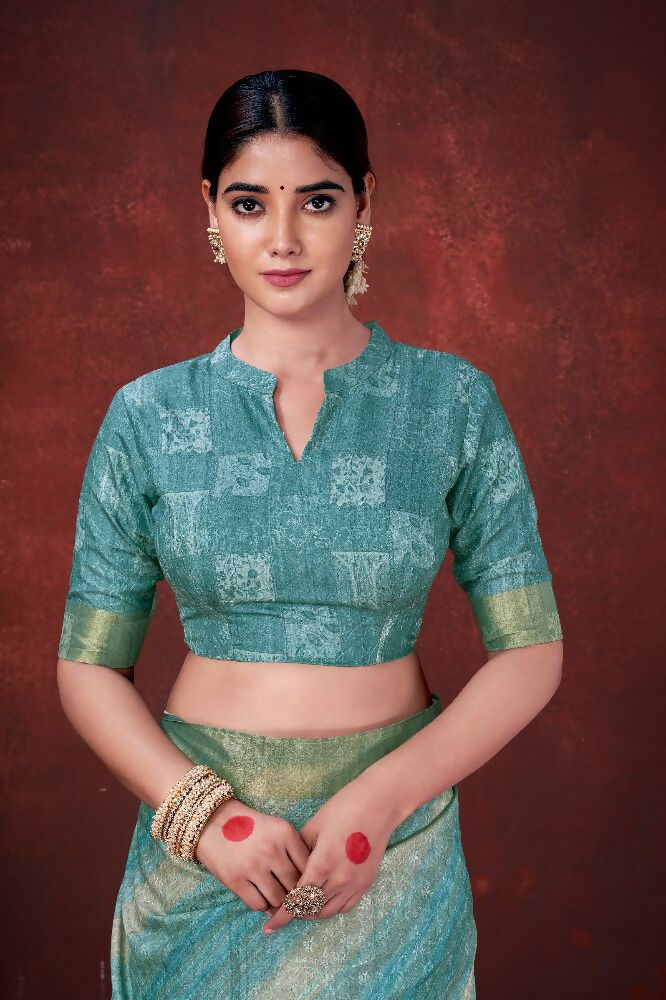 Sky Blue Poly Habotai Silk Foil Print Saree with Unstitched Blouse - Kathari