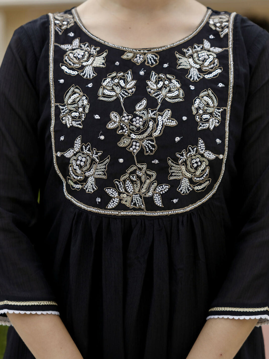 The52 Black Women's Beautiful Embroidered work Chinon Fabric with Flared Kurta, Pant and Dupatta Set - Distacart
