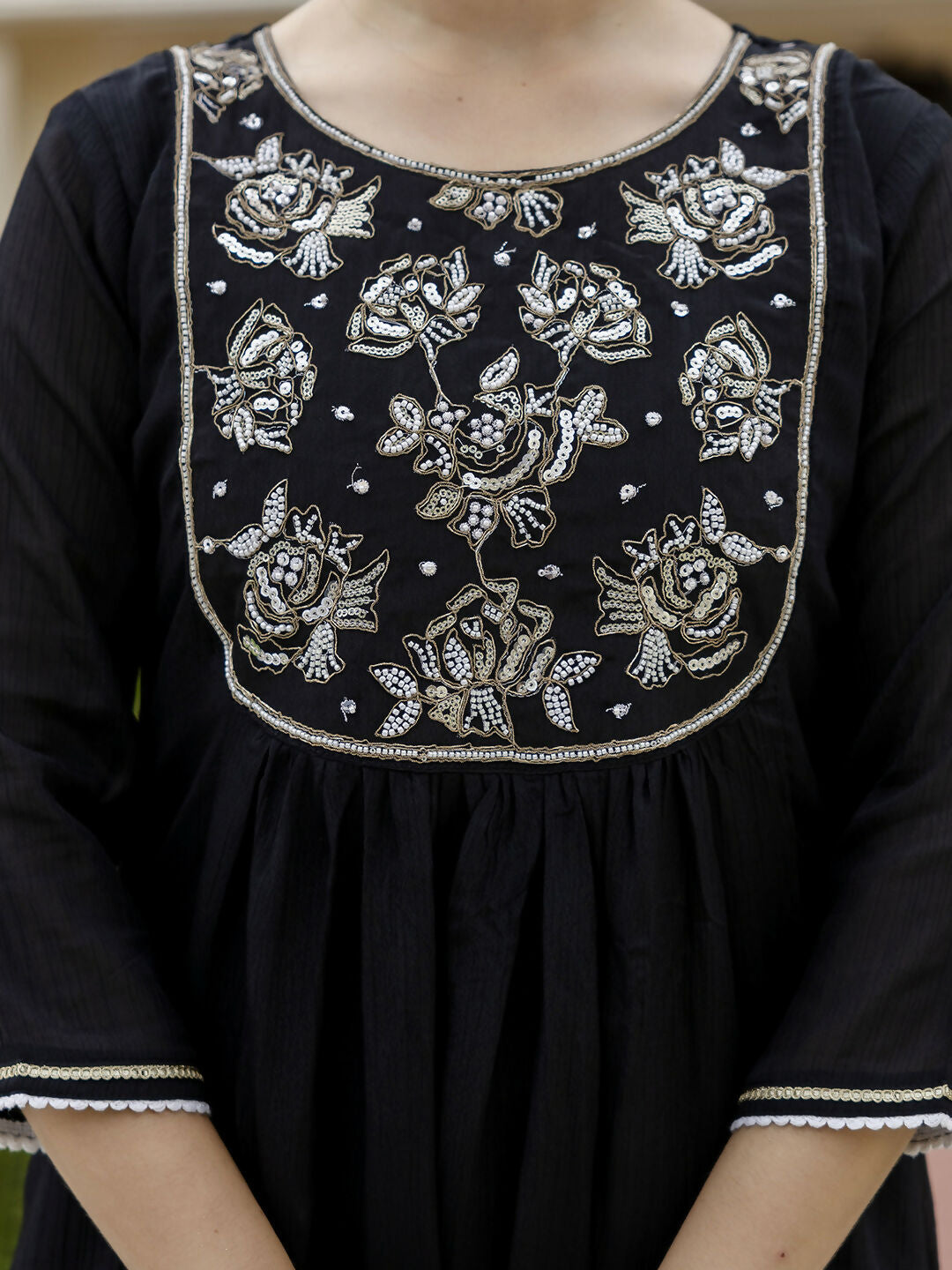 The52 Black Women's Beautiful Embroidered work Chinon Fabric with Flared Kurta, Pant and Dupatta Set - Distacart