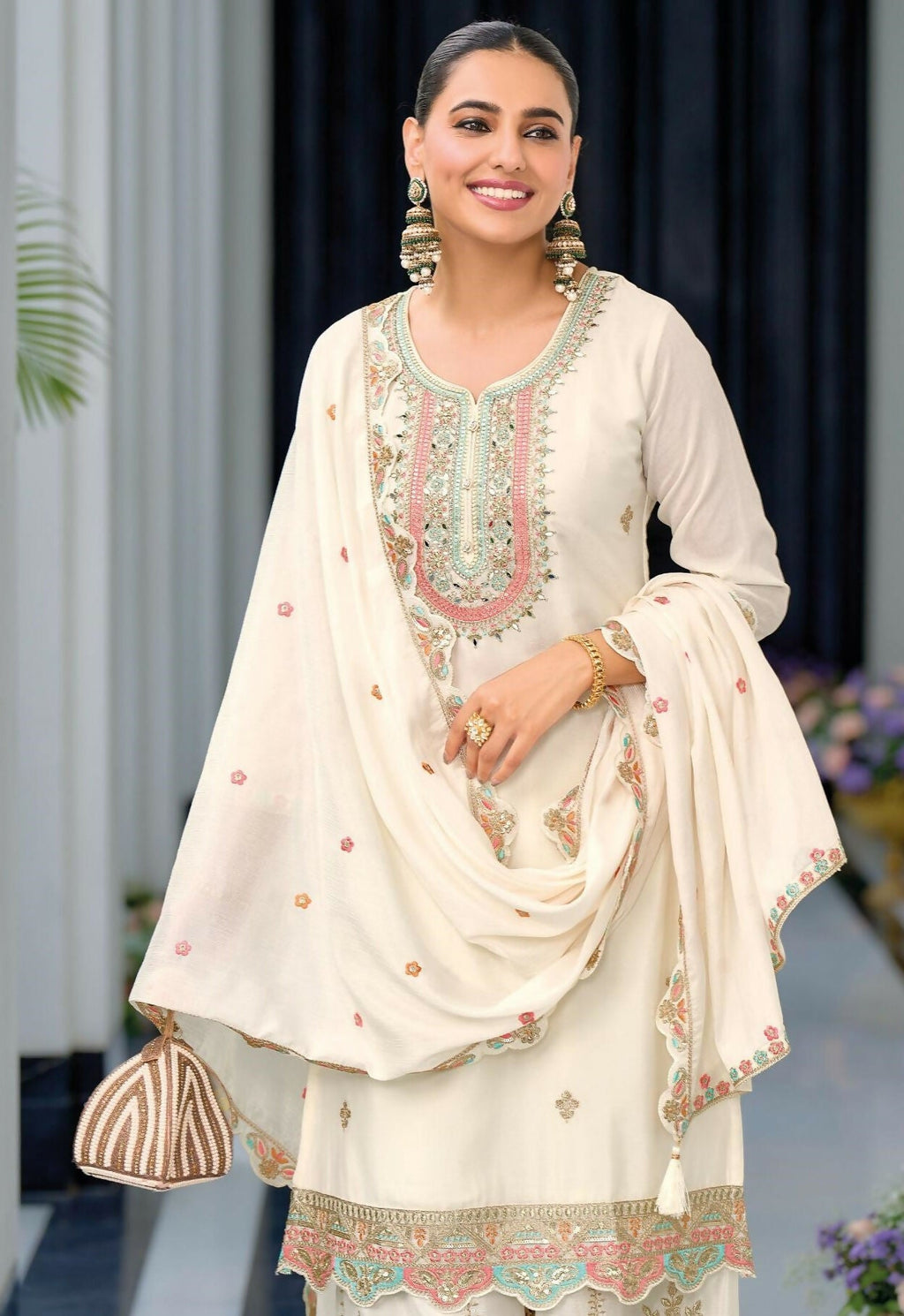 Anaita White Premium Embroidered Chinon Readymade Salwar Suit (Free Size) - Distacart