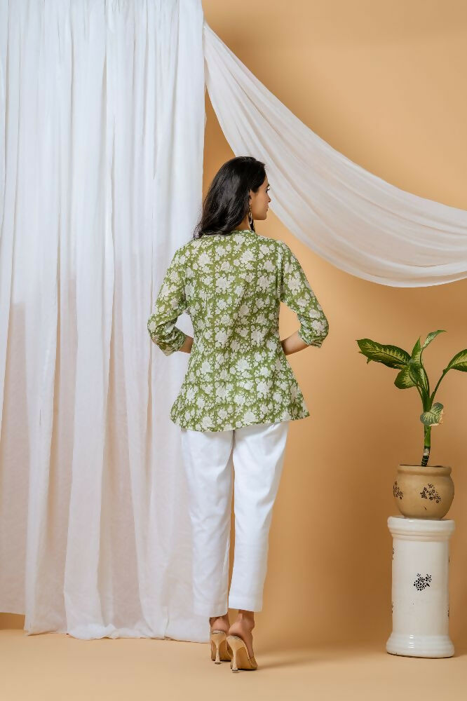 Joban Fashion Green Floral Hand Block Printed Cotton Co-Ord Set - Distacart